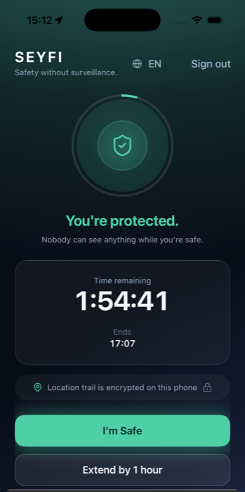 SEYFI showing an active, protected safety session